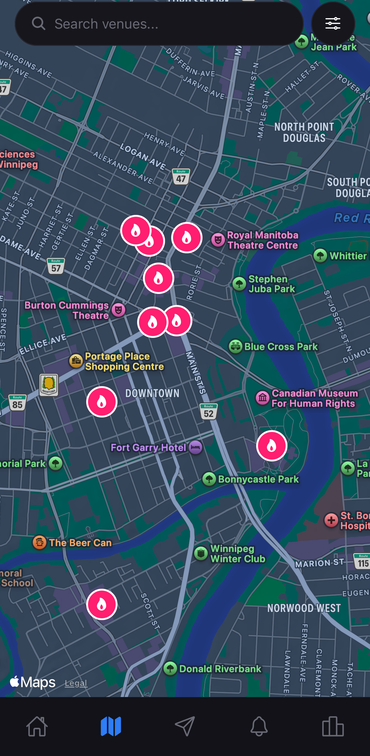 HotSpot map screen showing live venue check-ins as glowing pins across the city